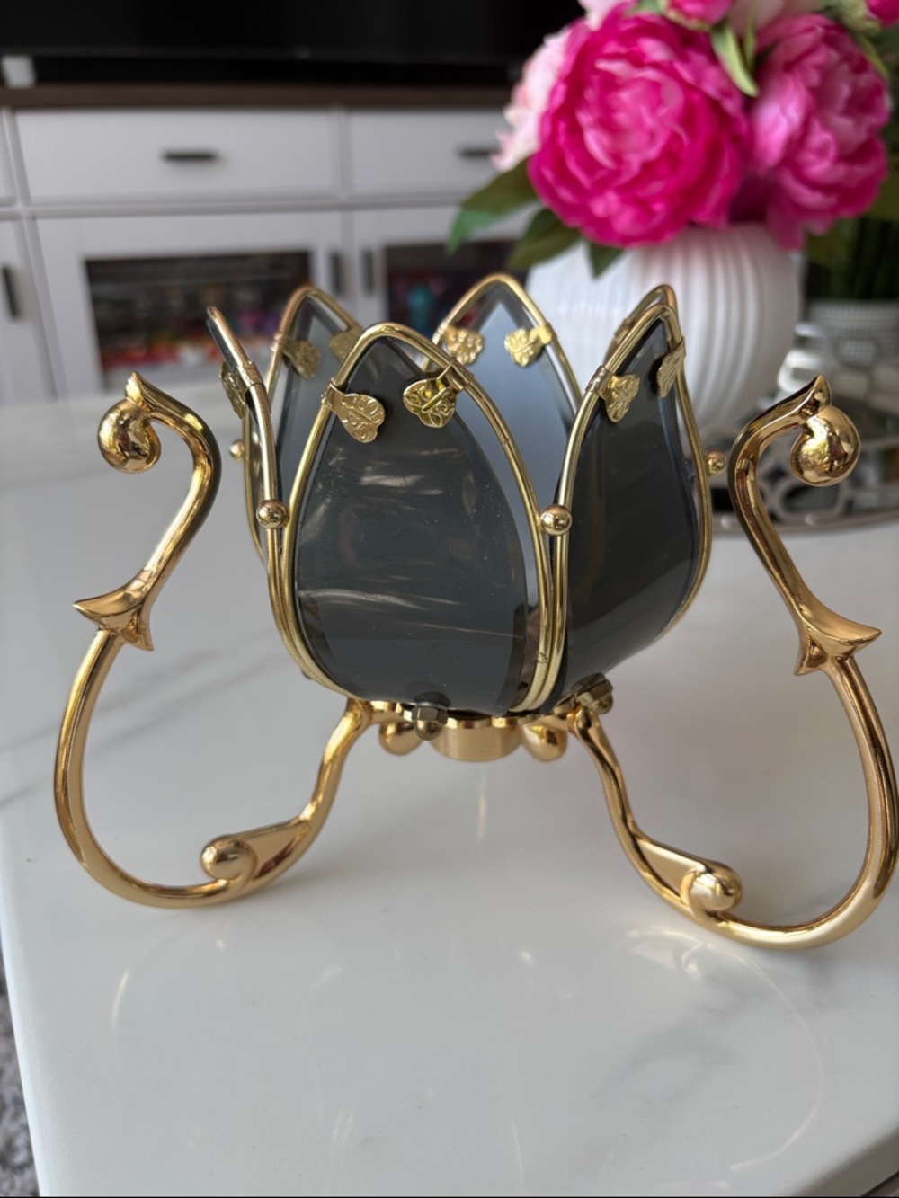 Vintage PartyLite Polished Gold Lotus-Style Candle Base from 1990's